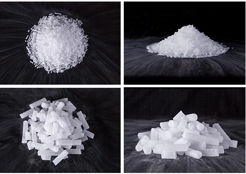 Different forms of dry ice pellets and flakes